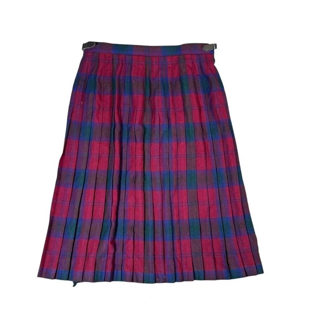 Pitlochry Scotland Plaid Wool Kilt Skirt Burgundy Purple Pleated Vintage Size 20